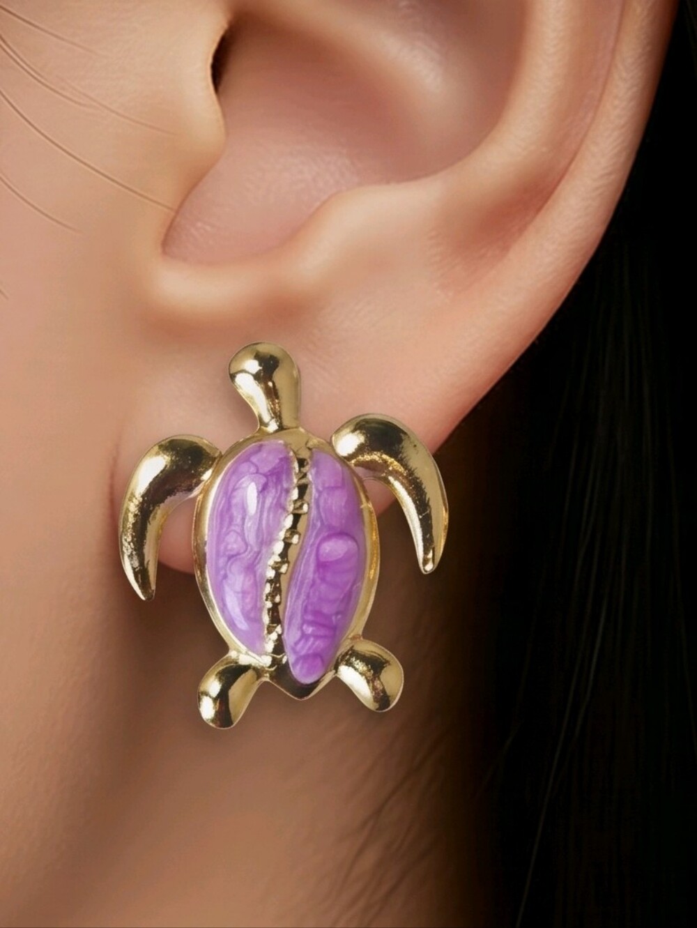Purple Sea Turtle Earrings 18K Gold Plated Stainless Steel Enamel Coastal Studs